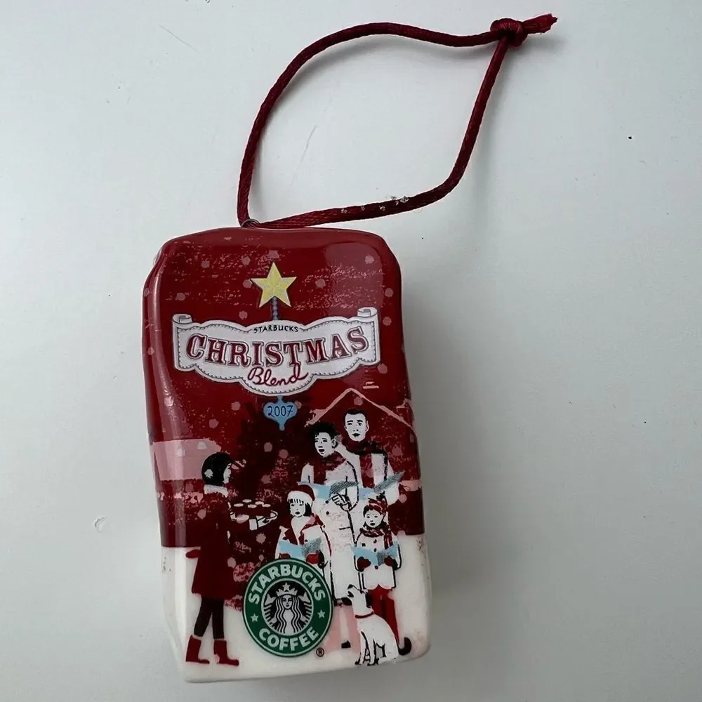 2007 STARBUCKS Christmas Blend Coffee Bag and Cup Set Ceramic Holiday Ornament